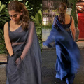 Nayanthara wears dark blue sheer saree with sleeveless blouse proving she is a minimalistic fashion queen