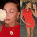 Mom-to-be Hailey Bieber keeps her maternity fashion fierce in Khy’s red suede stretch knotted mini-dress